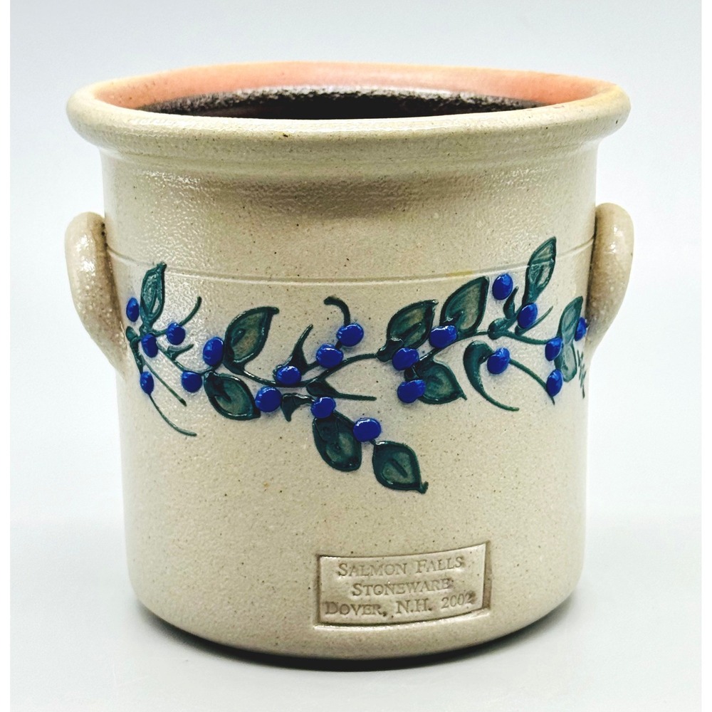 Salmon Falls Stoneware Crock Blue Green Blueberry Vine 2002 Planter Handles